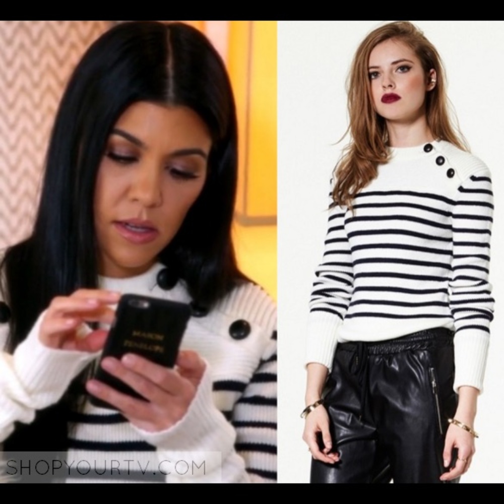 Boatneck, striped sweater with leather buttons